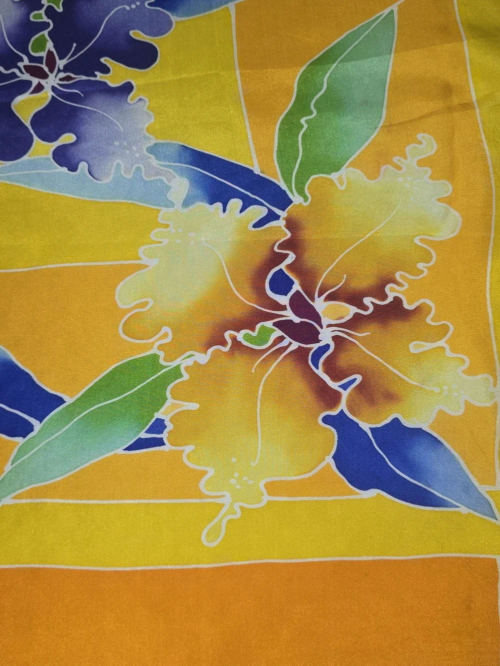 NOOR ARFA BATIK VIBRANT ORANGE SILK SCARF SQUARE ORCHIDS FLORAL VINTAGE